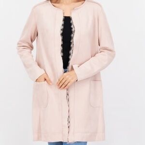 Carmen Marc Valvo “Blush” faux suede collarless lace trim coat M NWT